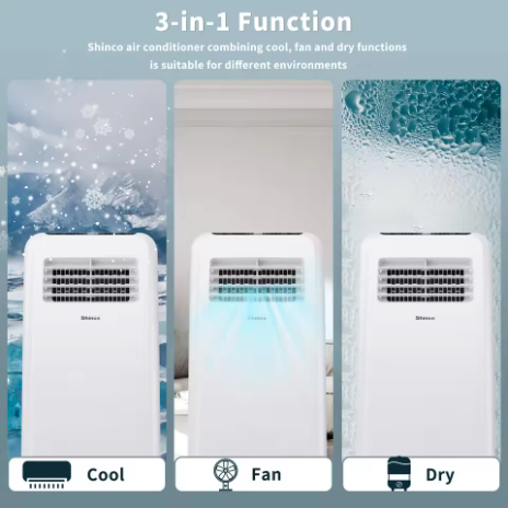 Hinco 8000 BTU 便攜式空調 - 三合一冷氣/烘乾/風扇，適用於面積達 350 平方英尺的房間，配有遙控器和 24 小時定時器