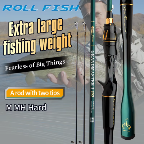 ROLLFISH 2 鼓式路亞竿，帶旋轉/拋投竿梢，1.8-2.7米碳纖維路亞竿，適用於海洋和淡水鱸魚垂釣