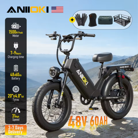 ANIIOKI 2026 電動自行車，峰值功率 1500W，48V 60Ah 電池，超長續航，最高時速 31 英里/小時，成人電動自行車，20 英寸 * 4 英寸寬輪胎