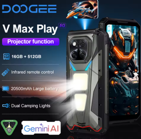 DOOGEE V Max Play 防水、防塵、防震手機，帶投影功能，16GB+512GB 存儲，20500mAh 電池，200MP 攝像頭，支持 5G 網絡，6.78 英寸顯示屏，雙露營燈，Android 15 系統，支持 NFC