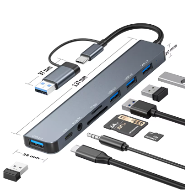 8合2埠USB-C擴充器 USB 3.0集線器 Type-C分線器 Type-C擴充座 多埠7埠轉接器 USB擴充器，適用於小米手機與平板電腦