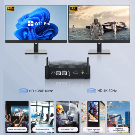 無風扇迷你電腦，配備英特爾酷睿 i3 1215U 處理器、兩台 RS232 連接埠、工業電腦、8GB DDR5 記憶體、NVMe 固態硬碟、千兆乙太網路、4K 高清輸出、WiFi、Windows 11 系統，支援 VESA 安裝