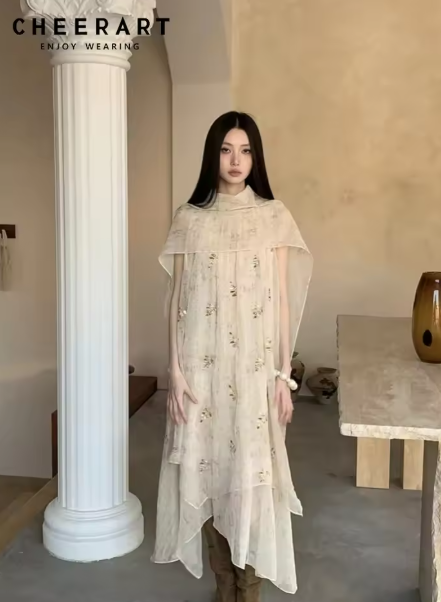 CHEERART 女士刺繡花卉夏季薄紗連身裙，米色無袖長款寬鬆飄逸透視連身裙，設計師時尚