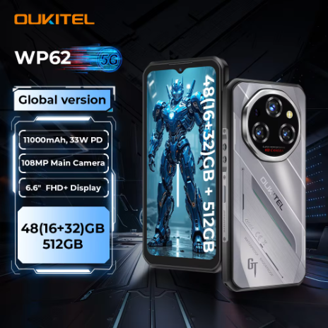 OUKITEL WP62 5G 三防智慧型手機，防水/防塵/防震（三防），48GB RAM（16GB + 32GB）+ 512GB ROM，6.6 吋 FHD+ 顯示屏，108MP 鏡頭，11000mAh 電池，33W 快充，支援